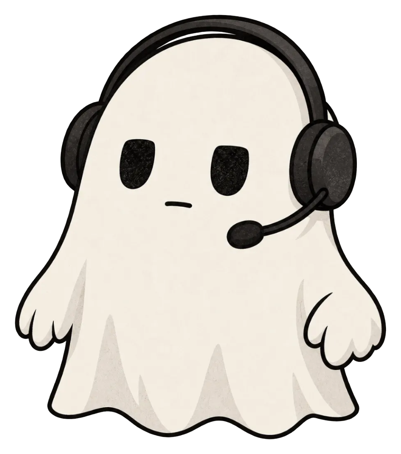 Support Ghost, a cartoon ghost wearing a black call-centre headset with a blank stare